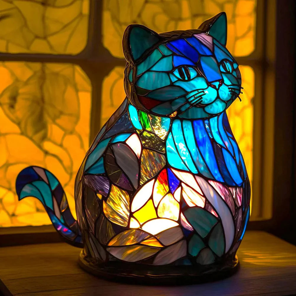 Stained Glass Table Lamp | Wolf Design with Mosaic Pattern