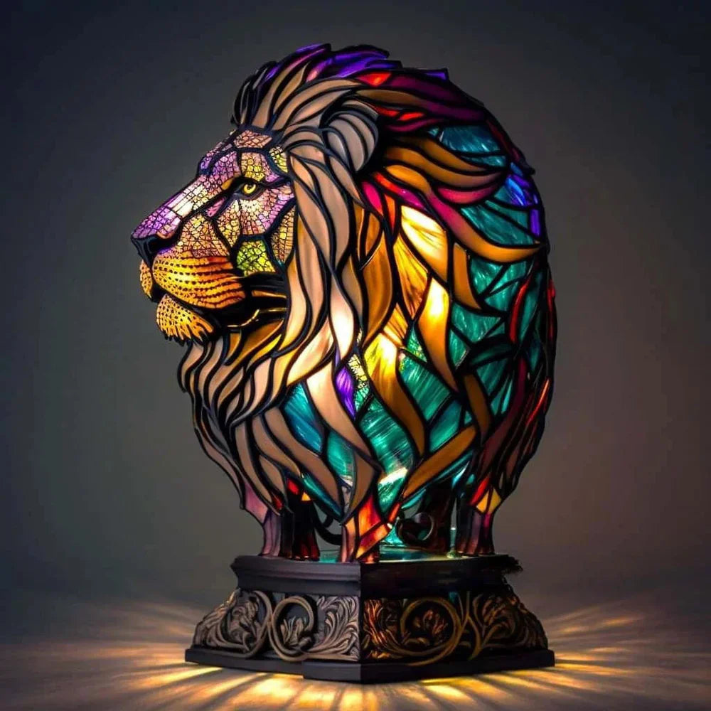 Stained Glass Table Lamp | Wolf Design with Mosaic Pattern