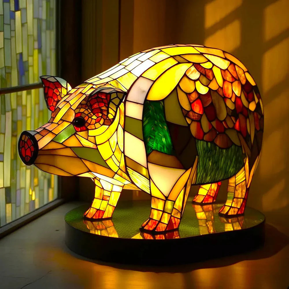 Stained Glass Table Lamp | Wolf Design with Mosaic Pattern