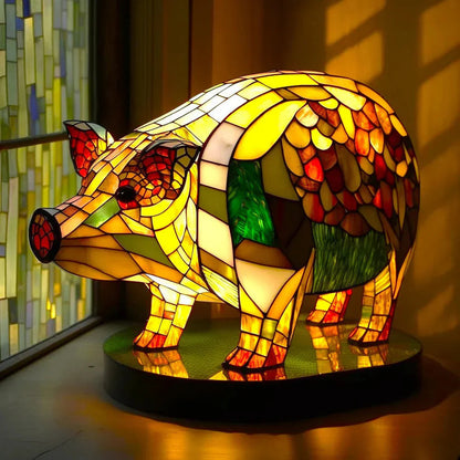 Stained Glass Table Lamp | Wolf Design with Mosaic Pattern