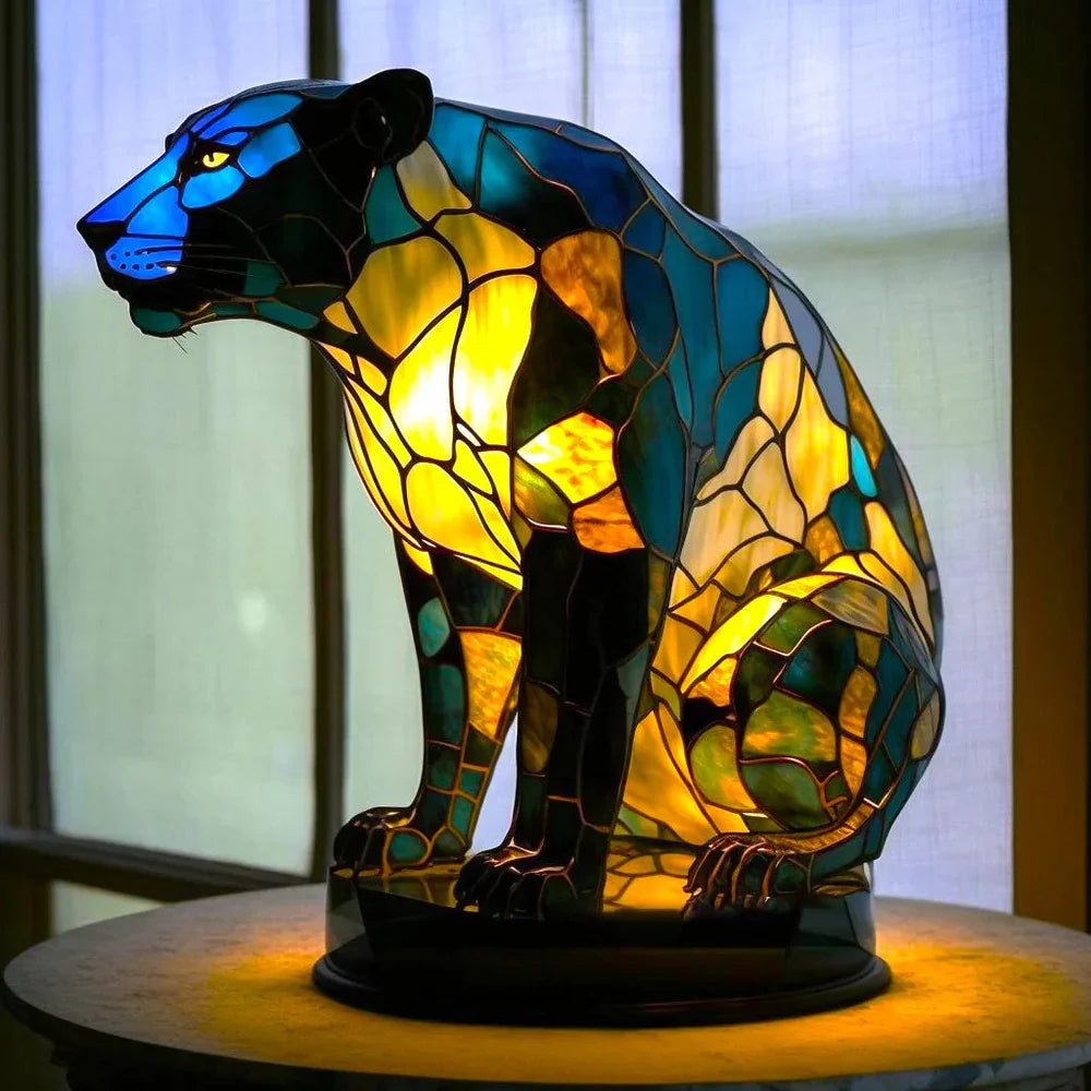 Stained Glass Table Lamp | Wolf Design with Mosaic Pattern